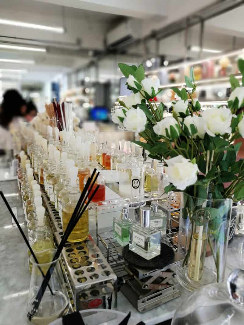 a perfume counter with scents