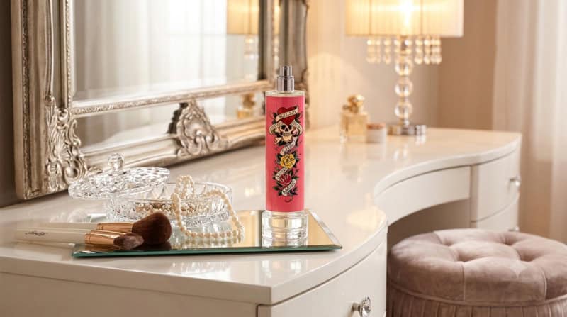 a bottle of Ed Hardy on a white vanity table