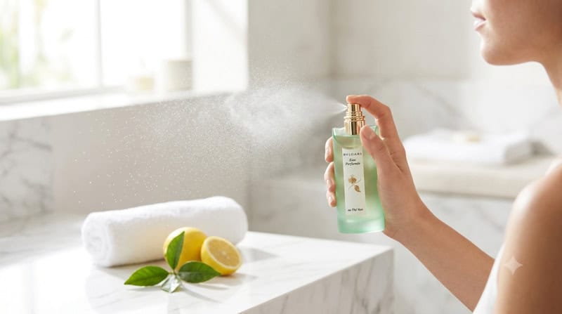 woman spraying perfume in a luxurious spa
