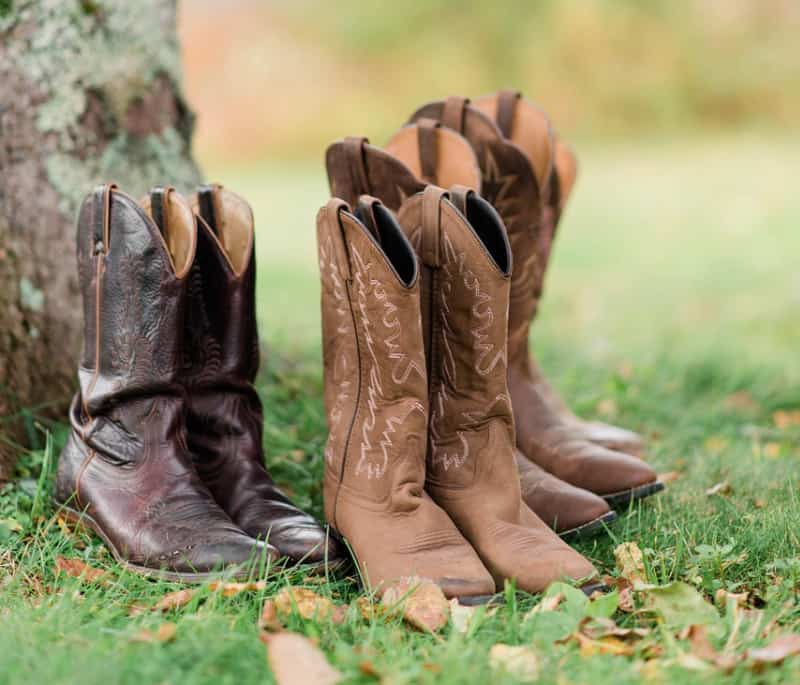 several pairs of cowboy boots in the grass in front of a tree