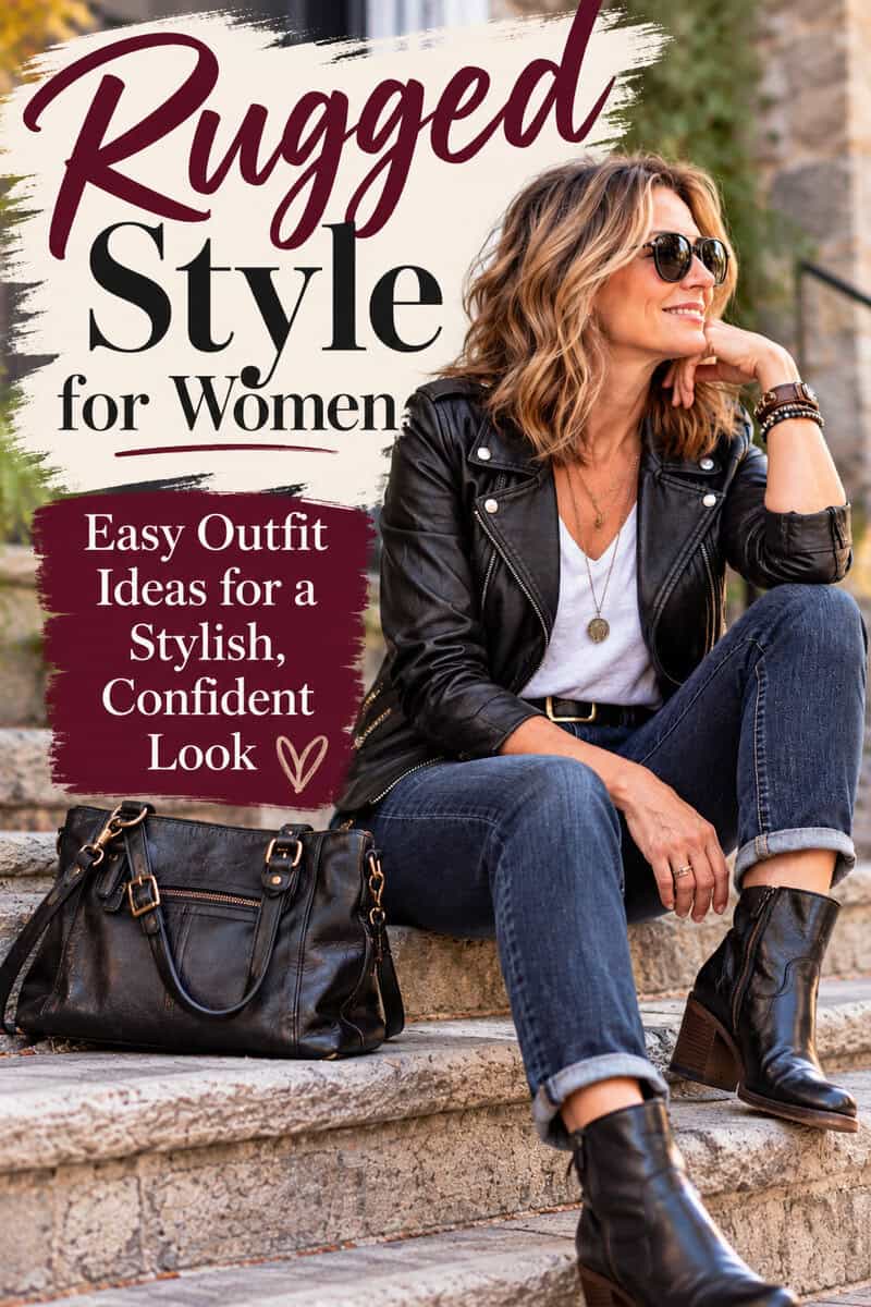 Love the rugged style for women? Discover easy outfit ideas with leather jackets, ankle boots, jeans, and edgy accessories. Learn how to create a stylish, comfortable rugged look for women over 40 without looking overdone. Get inspiration for everyday outfits that are fashionable, practical, and easy to wear!