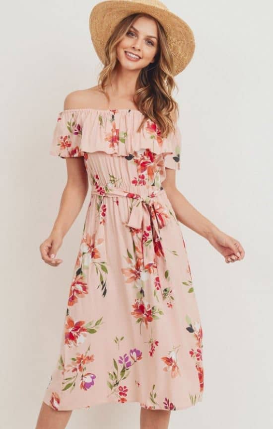woman wearing a pink off the shoulder Easter dress
