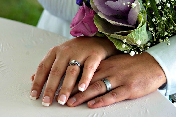 a man and woman's hands wearing a wedding band