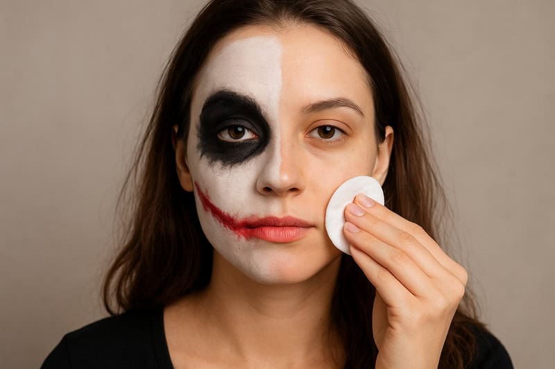 woman removing grease based Halloween makeup