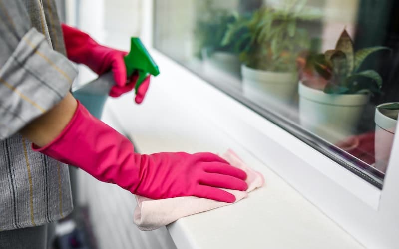 woman cleaning with rubber gloves