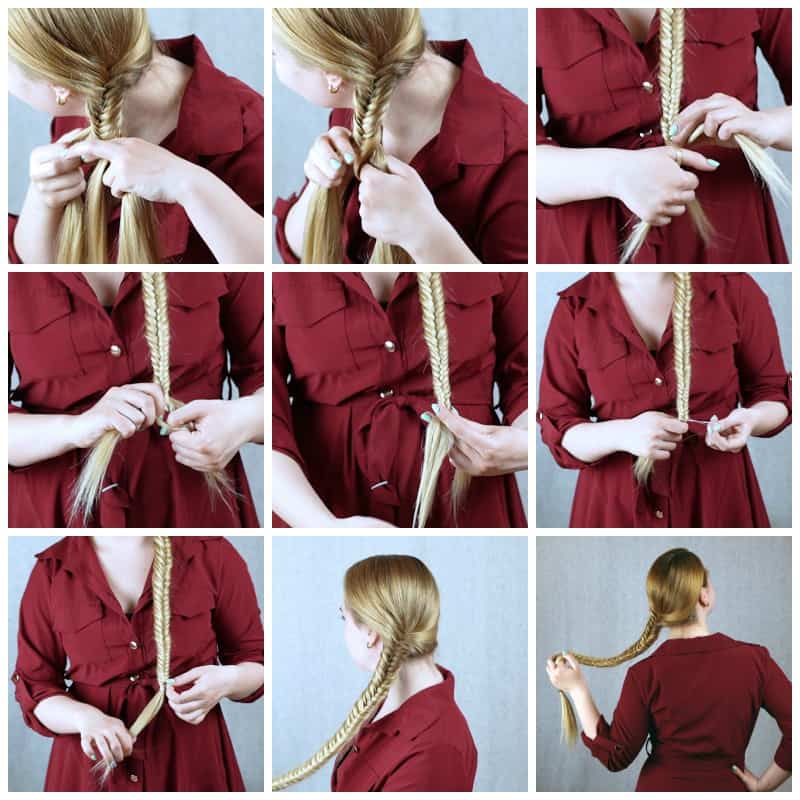 Step by step process for fishtail braid