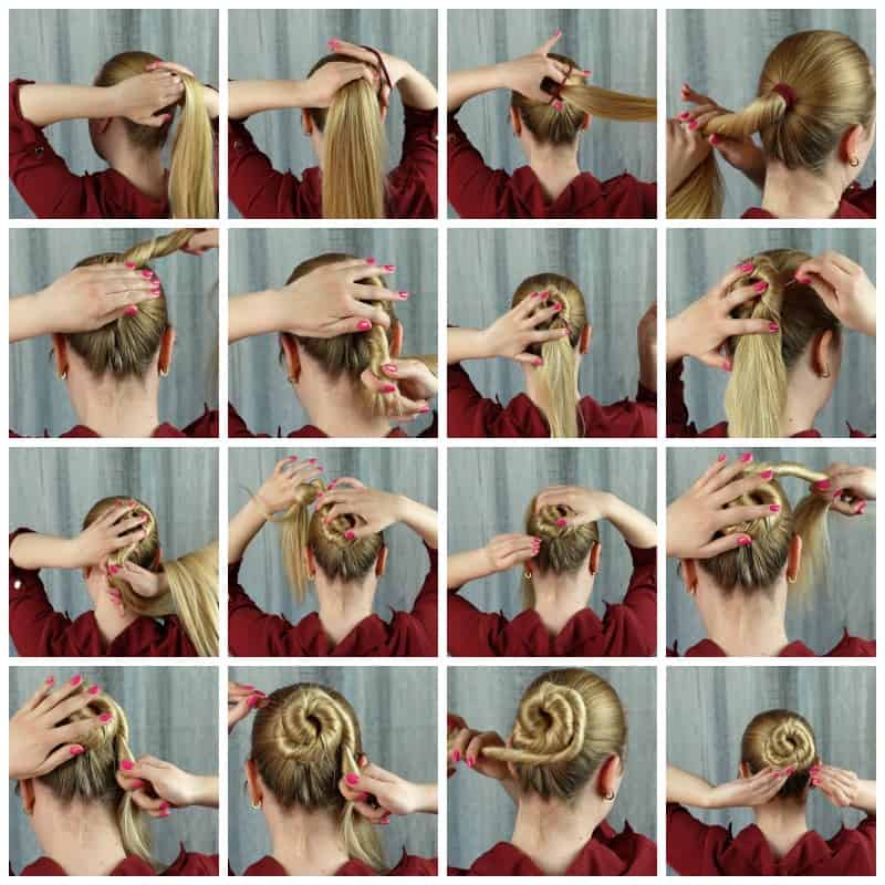 a woman making a bun with long hair