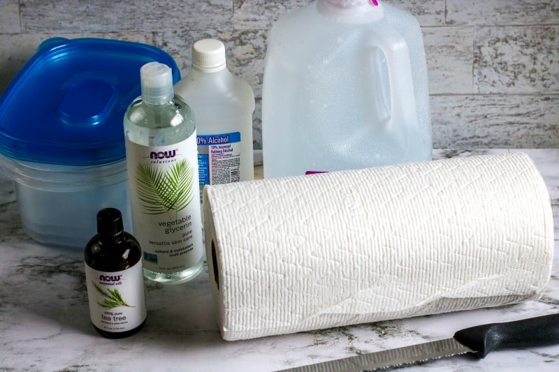 paper towels, glycerin, alcohol, and essential oils