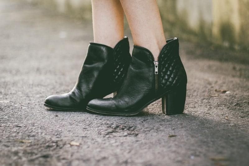 a close up of a pair of black ankle booties