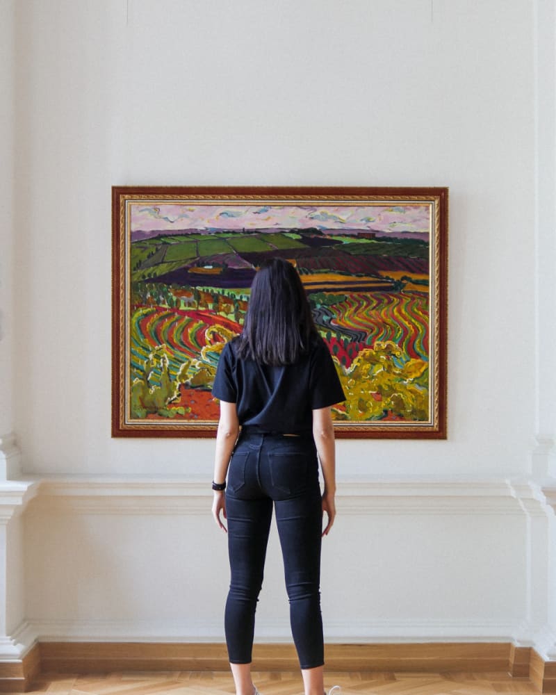 woman looking at a panting at an art museum