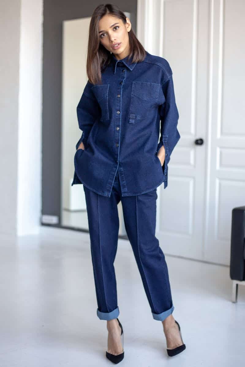 woman wearing a denim outfit