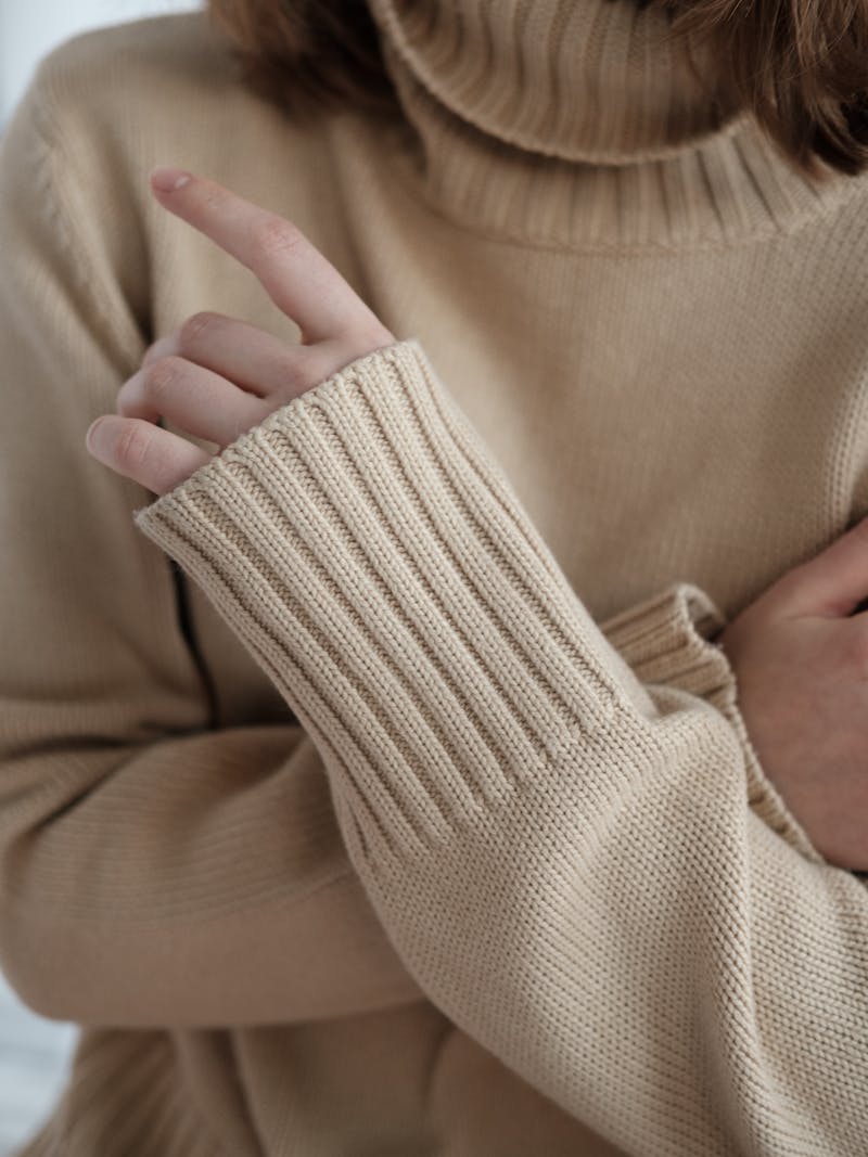 close up of a beige turtleneck