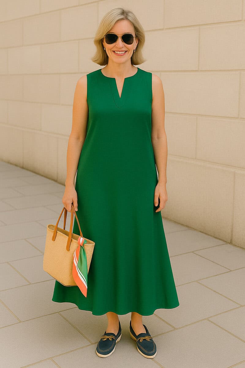 woman wearing shift dress and boat shoes