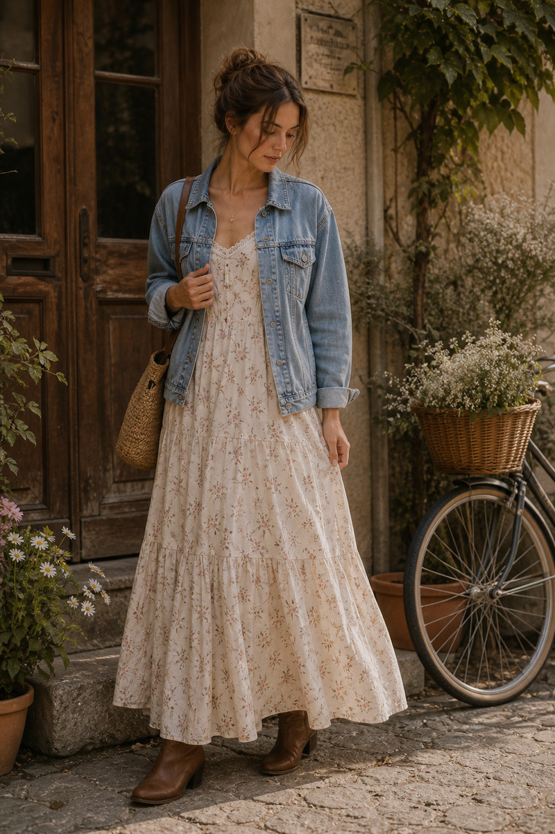 woman wearing a maxi dress and denim jacket