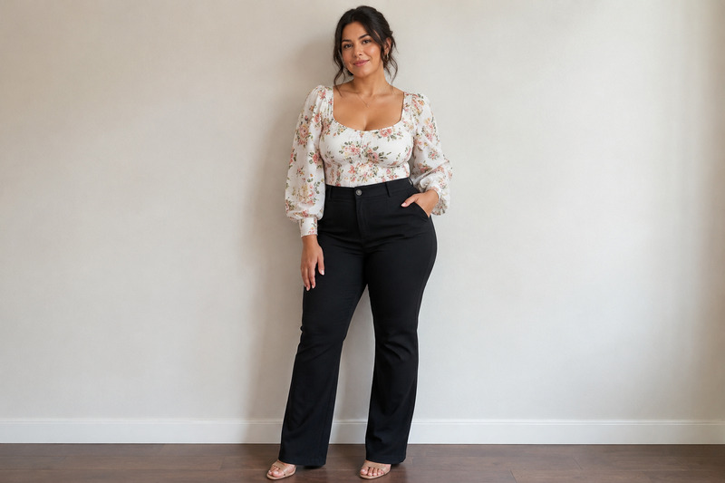 woman wearing black paints and a flowered shirt
