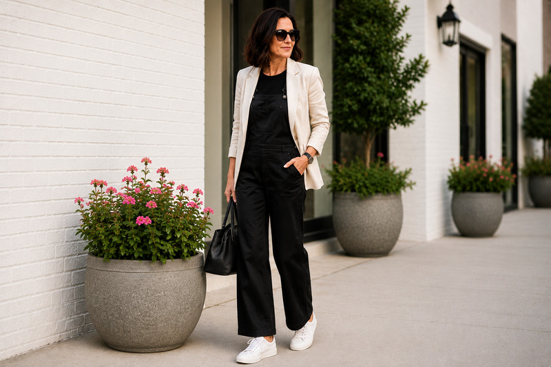 Black Overalls with a Lightweight Blazer
