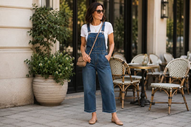 woman wearing cropped overalls and ballet flats