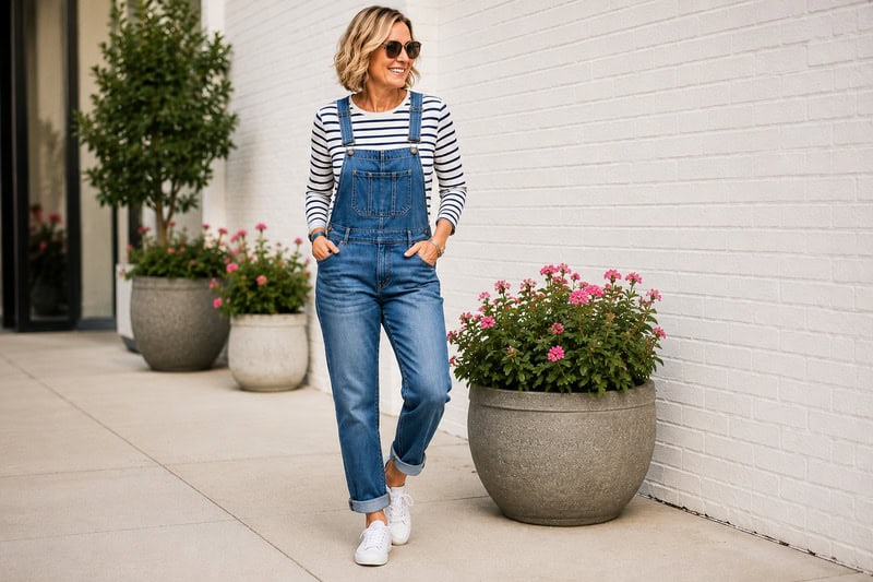 Denim Overalls with a Striped Tee