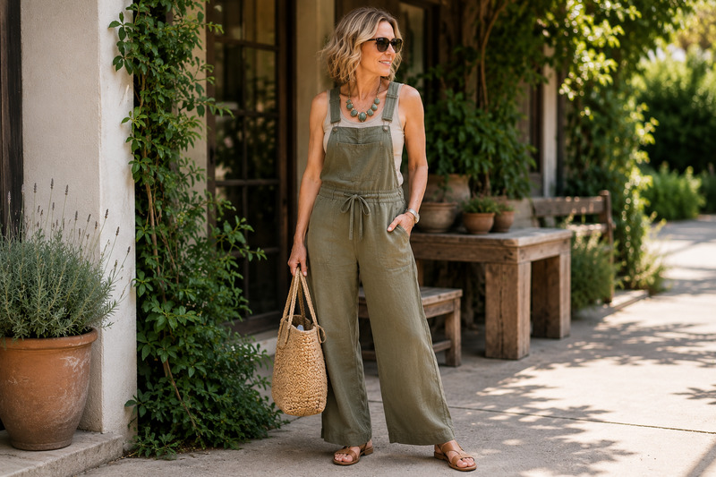 Linen Overalls with a Tank and Statement Necklace