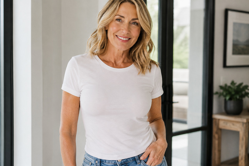 woman wearing a white t shirt