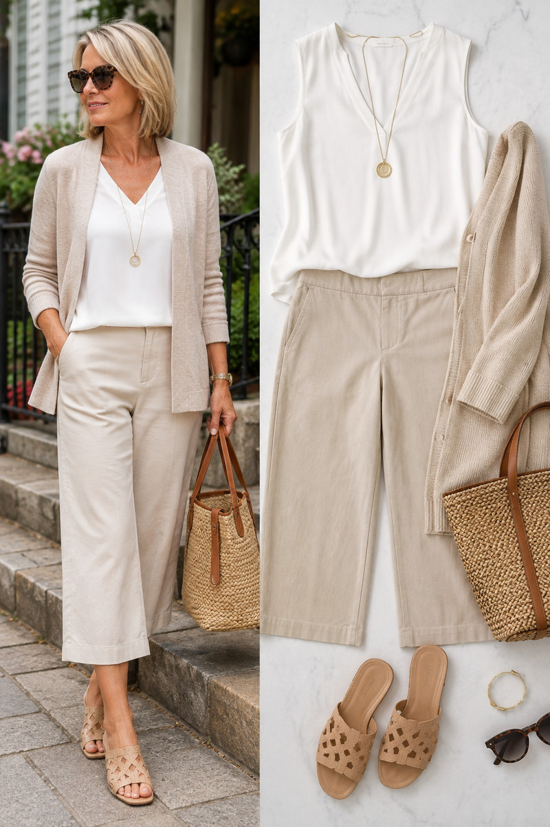woman wearing neutral capris and a white shirt
