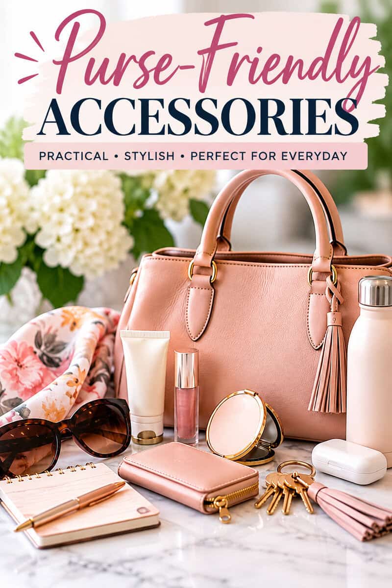 **Pinterest description:**Discover purse-friendly accessories that make everyday life easier. From portable fragrance and lip care to a compact mirror, reusable shopping bag, and other handbag essentials, these practical finds are easy to keep with you on the go. Save this list of stylish and useful purse essentials for later!